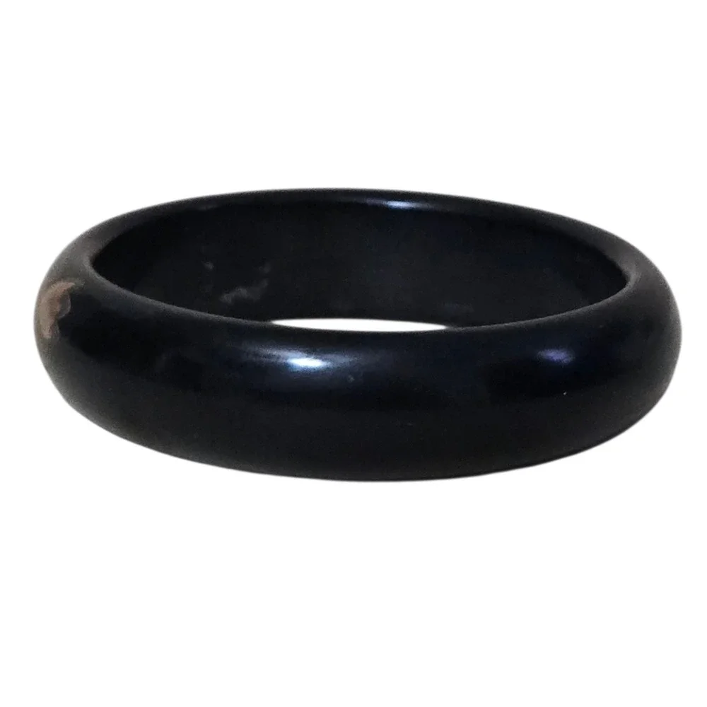 Carved Painted Flowers Black Bakelite Bangle Bracelet France signed Vtg Art Deco